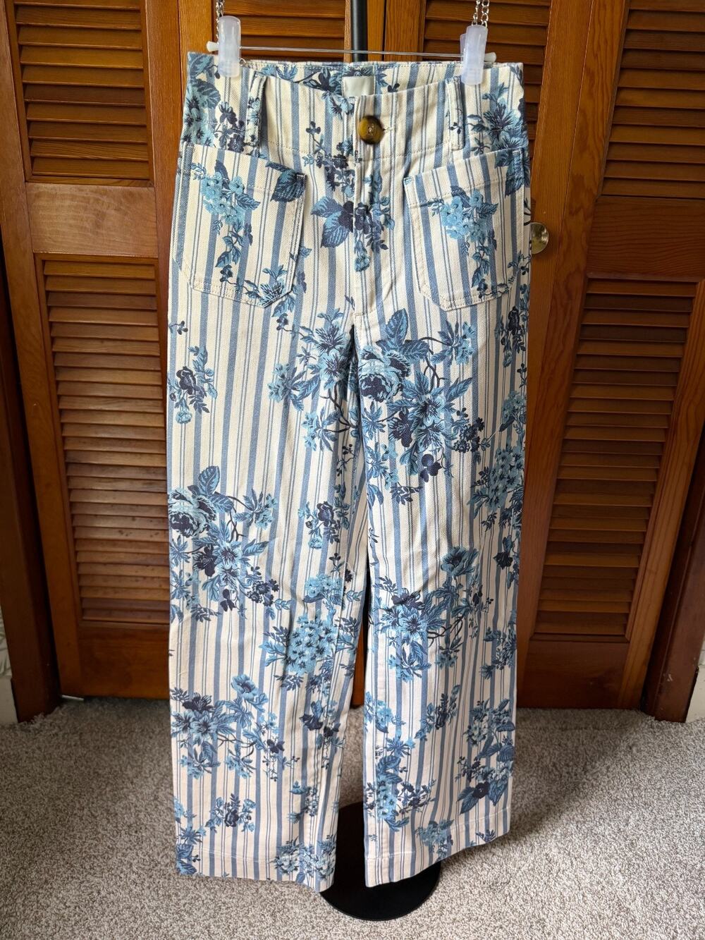 MAEVE Anthropologie THE COLETTE Blue Cream Floral Wide Leg Pants Sz 25